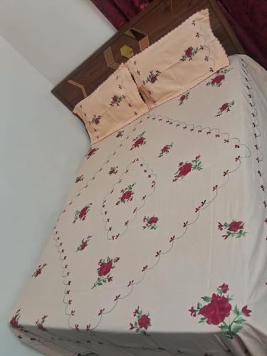 Handwork Embroidered Cotton bedsheet Double Bed Sheet Queen Size Embroidery Floral Design Bed Set 200tc (Design 6)