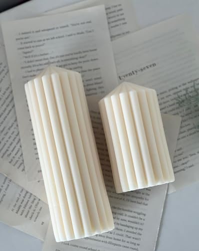 Striped Pillar Candle | Tall Candle | Scented Candles | Soywax | Set of 2 Tall and Short (White)