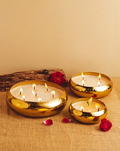 AuraDecor Gold Hammered Urli Candle Multiple Wick || Celebration Candle || Festive Candle || Long Burning Candle|| Fragrance Candle (Set of 3)