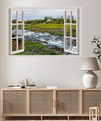 JVERF - JZZA22730 Iceland Stones Grasslands Stream| Self-Adhesive Open Window Wall Sticker