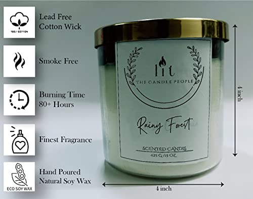 LIT the candle people - Rainy Forest Hand Poured Soy Wax 3 Wick jar Candle,425 Grams, a Mini Glass Bottle with a Striker and Match Sticks