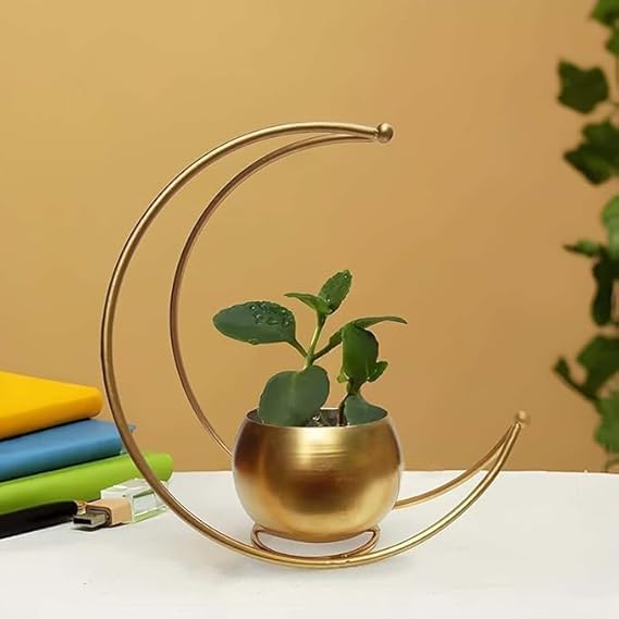 AMAZING ANTIQUE Metal Geometric Design Flower Vase with Gold Finish | Table Decorative Round Shape Flower Pot Moon Flower Vase | Size: 22X22 CM | Pack of 1 | Flower Not Included