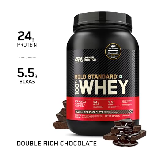 Optimum Nutrition (ON) Gold Standard 100% Whey (2 lbs/907 g) (Double Rich Chocolate) Protein Powder for Muscle Support & Recovery, Vegetarian - Primary Source Whey Isolate