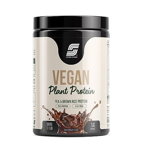 Sparkfusion Vegan Plant Protein Powder|Organic Isolated Pea & Brown Rice Protein|25 gm Protein & All Essential Amino Acids|Easy To Digest| Triple Chocolate Flavour 500 gm(Unisex)