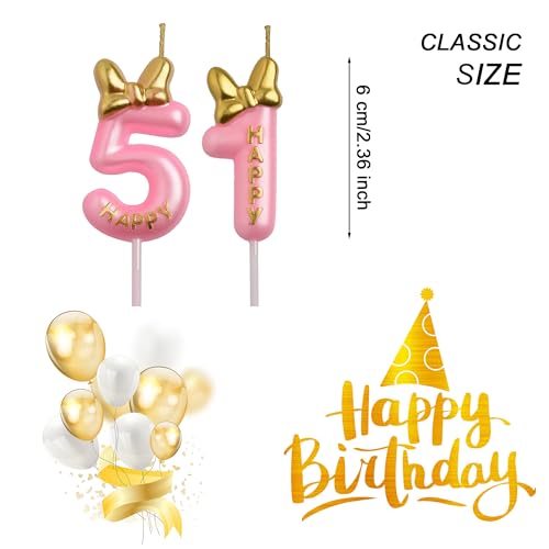 AOOLADA 51st Birthday Candles, Pink 51 Year Old Number Birthday Candles, Happy Birthday Party Decorations Cake Topper Gifts for Men Women