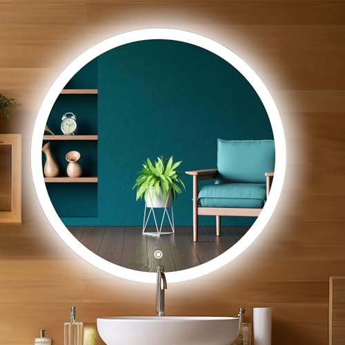 Sunsyze Round LED Bathroom Mirror with 3 Lighting Options (Warm, White, Natural White) - Stylish Illumination for Your Wash Basin(24 X24 INCH)