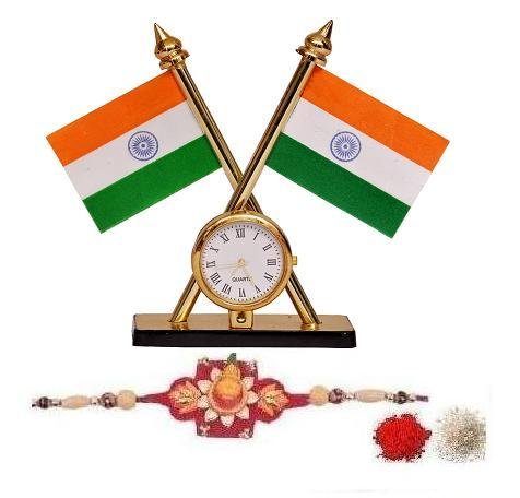 Indigo Creatives Shubh Kalash Rakhi, India Patriotic Theme Table Cross Flag with Clock Gift Set