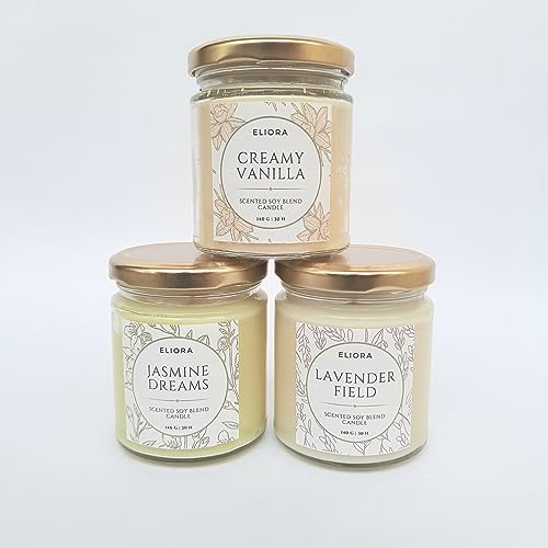 Vanilla, Lavender & Jasmine Eliora Scented Soy Blend Candles (Set of 3-140gms Each) Burn Time- 30 Hours, Best for Gift