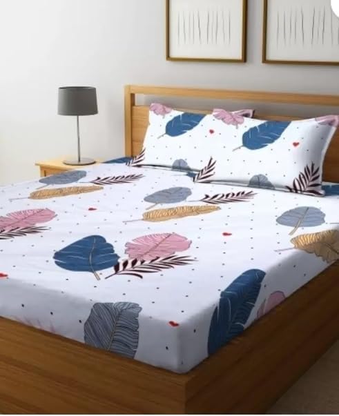 Very Trending Cream Color Leaf Print Double Bed Flat bedsheet with 2 Pillow Cover and 2 Cushions with Quilted Cover (5 pcs Set)