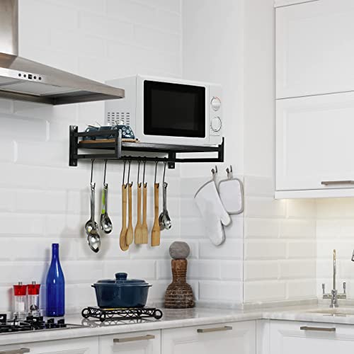 Livzing Wall Mount Microwave Oven Rack - Metal Holder Storage Stand - Cooker Utensils Dish Shelf Organizer with Hooks for Home & Kitchen Appliances - Black, Floating Shelves