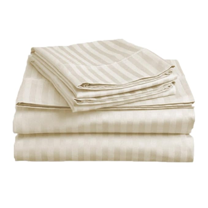 Roman Cotton 300TC Satin Stripe Single Fitted Bed Sheet with 1 Pillow Cover(36 x 78 + 8 inch fit Mattress, Cream)