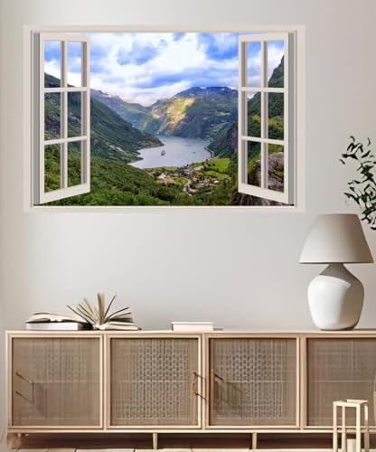 JVERF - JZZA25841 Norway Mountains Rivers Forests Geiranger Fjord| Self-Adhesive Open Window Wall Sticker