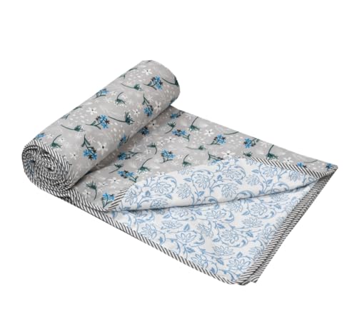 Jewear Beautiful Green & Sky Blue Flower Mixture Printed Cotton Design Blanket/Dohar A Classic Choice for Modern Homes 60/90 Queen Size Quantity 1 Pack of 1pcs.