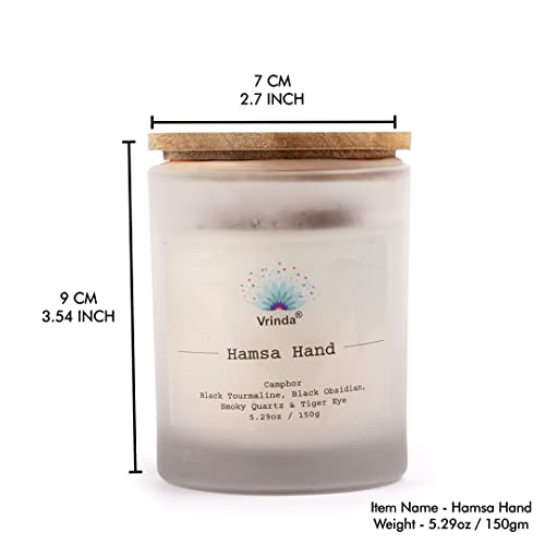 Vrinda® Hamsa Hand Glass Scented Candle with Crystals, Soy Blend. Approx. 5.29Oz