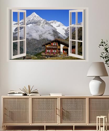 JVERF - JZZA24726 Mountains Switzerland Houses Weisshorn Valais Alps| Self-Adhesive Open Window Wall Sticker