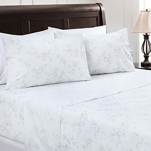 Chanasya 4-Piece Printed Queen Sheet Set - Ultra Soft Hand Drawn Sketch Floral Print 1 Flat Sheet, 1 Fitted Sheet ,2 Pillowcases - Wrinkle Fade Stain Resistant - Brushed Microfiber - White - Queen