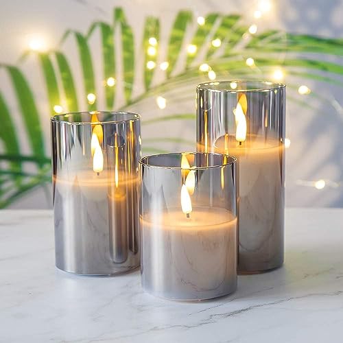 AQUIDAN Set of 3 Clear Grey Glass Flameless Candles with Remote and Timer, Real Wax Tamped Battery Operated LED Pillar Candles with Flickering 3D Flame Color Transparent : Grey