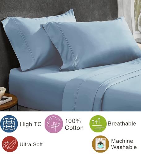 LIVING LEISURES 100 Percent Pure Cotton Percale 200 TC Solid King Size Flat Bedsheet for Double Bed with Two Pillow Cover Set | 108x108 Inch (Blue)