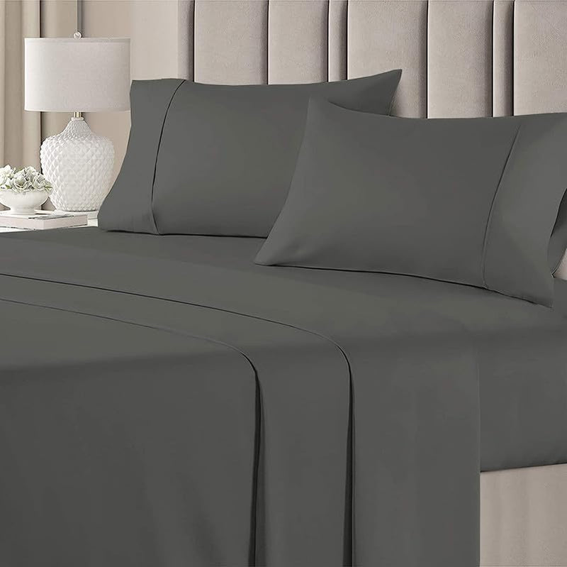 Sateen Bedding- 600 Thread Count Breathable Flat Bedsheet with 2 Pillow Cover- Soft Sateen 100% Cotton Bedsheet- Wrinkle Resistant & Hotel Luxury-Dark Grey Solid, Single Size.