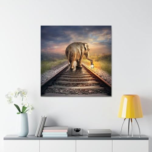 GADGETS WRAP Canvas Gallery Wrap Framed for Home Office Studio Living Room Decoration (17x17inch) - Elephant On Rail Track