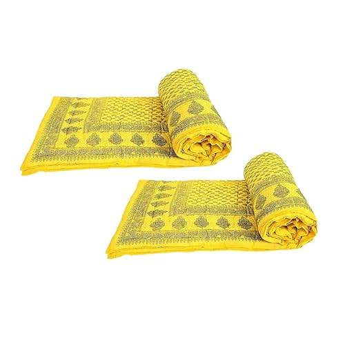 fashhub Traditional Single Bed Soft Gold Block Silk Print Light Weight Pure Cotton Jaipuri AC Quilt/Razai Yellow, Single (55 x 85) (Set of 2)