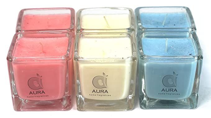 AURA 1.5 Oz Unscented Square Diamond Glass Votive Candles Burn Time - 20-22 Hours (Blue, Ivory, Pink) Pack of 6