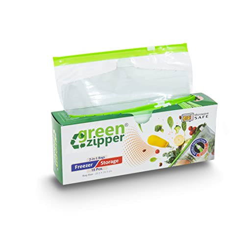 GREEN ZIPPER Seal Freezer Food Storage Bags 15 Bags in 1 Box Microwave Safe, Re-usable, Washable, Transparent & BPA Free (SMALL)(Plastic)