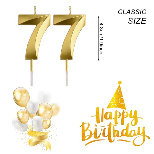 AOOLADA 77th Birthday Candles, Gold 77 Year Old Number Birthday Candles, Happy Birthday Party Decorations Cake Topper Gifts for Men Women