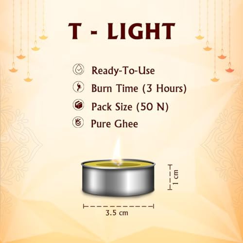 Shubhkart Tejas Puja Ghee T-Light Candles 50N | Non Toxic Smokeless & Wax Free Tea Light Candles Perfect for Home Decor, Prayers, Rituals|No Residue Long Lasting| 3 Hours Burn Time (Set of 50)