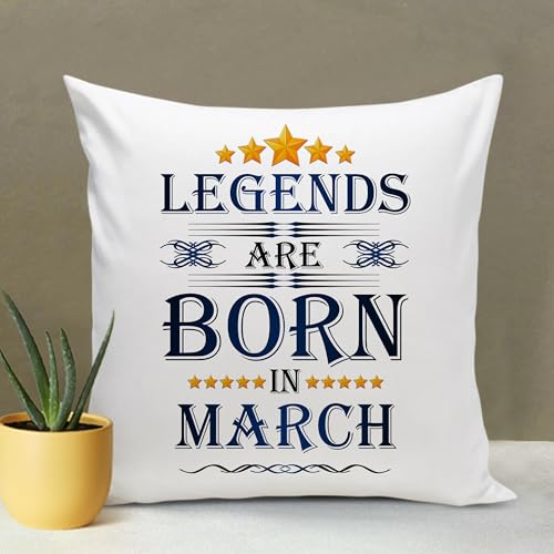 Legends are Born in March Happy Birthday Gift Combo Set (1 Printed 12” x 12” Satin Cushion with Filler, 1 Coffee Mug (March, ATCMK)