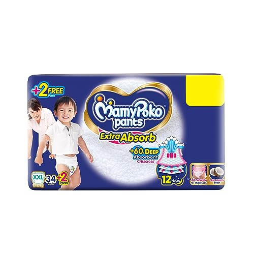 MamyPoko Pants Extra Absorb Baby Diapers, XX-Large (XXL), 34 count(+2) Free Diaper, 15-25 kg