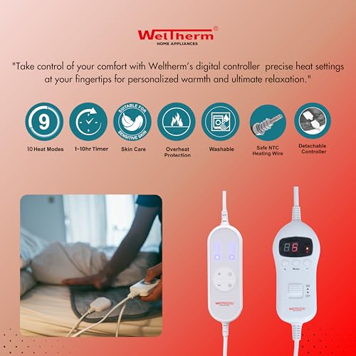 WelTherm Flannel Fleece Electric Bed Warmer | Electric Under Blanket | Single Bed |Stamp welding(160cms x 80cms) | 9 Heat Settings | 10 Hour Timer| Digital LED Controller| Multizone Heat Modes| UB-FFS