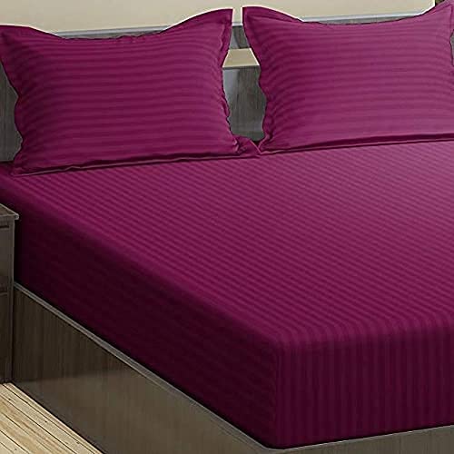 Trance Home Linen 100% Cotton 200 TC Satin Striped Elastic Fitted Bedsheet Twin Size | Elasticated Fitted Bedspread for Twin bed size with 2 Pillow Covers (72x48 inch | 6x4 feet, Deep WIne)