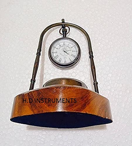 Home Decor Instrument Antique Brass Hanging Clock with Compass and with Wooden Base. can be Used as Office use, Weight Papers, desks/Tables, Decorative Items and for Gift