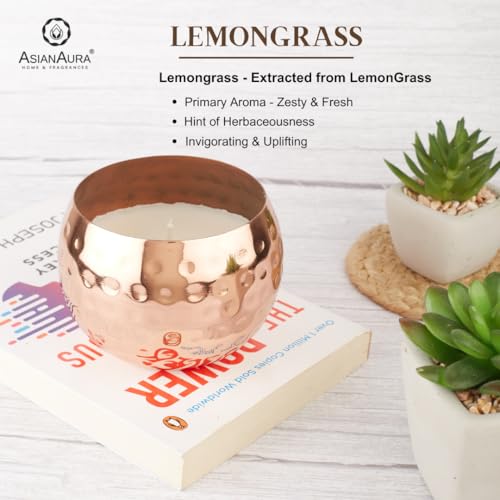 Asian Aura Scented Soy Blend Candle in Hammered Copper Jar with Gift Box | Smokeless, Long-Lasting Aroma Candle for Home Decor, Events, Relaxation, and Gifting (Lemongrass, Pack of 1)