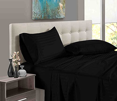 Sateen Bedding- 600TC All Around Elastic 3 Piece Fitted Bedsheet Set- 100% Cotton 1 Fitted Bedsheet with 2 Pillow Cover- 8" Deep Pocket Fitted Sheet-King Sizee, Black Stipe