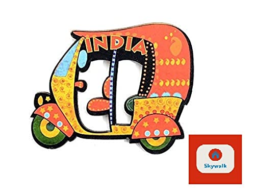 SkyWalker Delhi Wooden Auto Rickshaw Fridge Magnet (Multicolour)