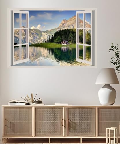 JVERF - JZZA29600 Switzerland Lake Scenery| Self-Adhesive Open Window Wall Sticker