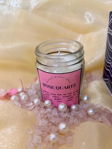 CANDLEWORKSINDIA Rose Quartz Crystal Manifest Candle | 100% Soy Wax | Scented | Geranium Saffron Fragrance | Healing and Meditation