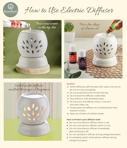 Asian Aura Handcrafted Ceramic Electric Round Shaped Aroma Diffuser| Aroma Oil Burner for Aromatherapy| Home Decor and Fragrance with Aroma Oils(English Lavender & Rosy Romance Fragrance 10ml Each)