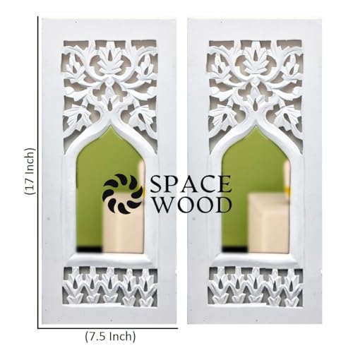 SPACE WOOD Wood Painted Wall Hanging Jharokha Inside Mirror, Wooden Wall Hanging, Wall Panel (17x7.5,) inches Set of 3.(White), Rectangular, Framed (3 Panel White)