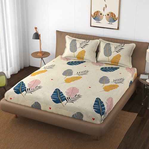 Sands® Presents Cotton Feel Elastic Bedsheets for King Size Bed, 210 TC, 72x78x8 Inch with 2 Pillow Covers 18x28 Inch. (Cream Leaf)