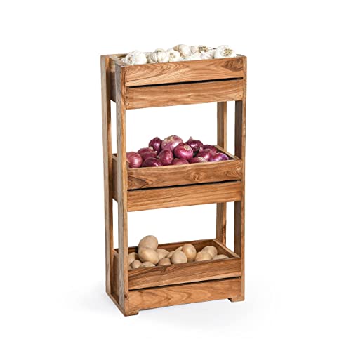 HOZCRAFT Three Tiered Shelf Wooden Shelf Multipurpose Fruits,Vegetable,Onion,Potato,Sabji Storage Stand Trolley&Basket Rack For Floor Mount Kitchen(23 X 11 Inches)(Wooden)– Pure Teakwood(Kr018)