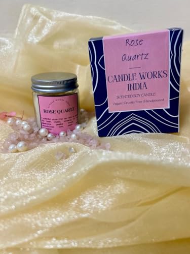 CANDLEWORKSINDIA Rose Quartz Crystal Manifest Candle | 100% Soy Wax | Scented | Geranium Saffron Fragrance | Healing and Meditation