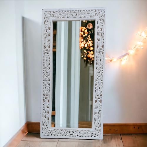 aesthetic decor (6x3 Wooden Carved Wall Mirror Frame Solid Wood, | with Out Mirror | Crown Pattern (White Distress)