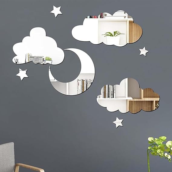 TrifleArte 3D Acrylic Cloud Moon Stars Mirror Stickers | Decorative Silver Mirror Wall Art | Adhesive Art Decal/DIY Projects/Party Supplies | Silver