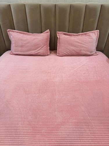 Velvet Solid Woollen Fitted Bedsheet for Double Bed, 254 x 274 cm, with 2 Pillow Covers, 46 x 68 cm, Blue (Pink)