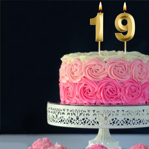 AOOLADA 19th Birthday Candles, Gold 3D Number 19 Happy Birthday Candles, Cake Topper Decorations for Teenagers Boys Girls