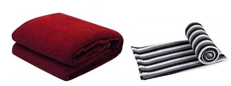 Wavva® Plain and Black and White Fleece 2 Single Bed Blankets-Red and Black and White (Set of 2)