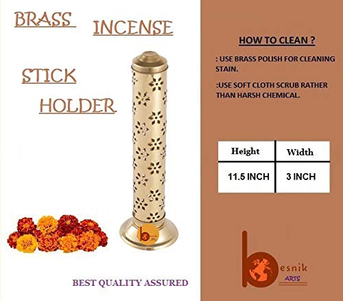 Besnik Arts Pure Brass Flower Agarbatti /Incense Stick Stand/Holder with Dust and Burn Safety Ash Catcher (Gold , Height : 11.5 Inch)(Cylindrical)